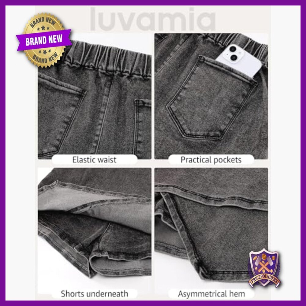 High Waisted Denim Skort Pull On Stretchy Wrap Asymmetrical Skirt Shorts - Picture 5 of 7